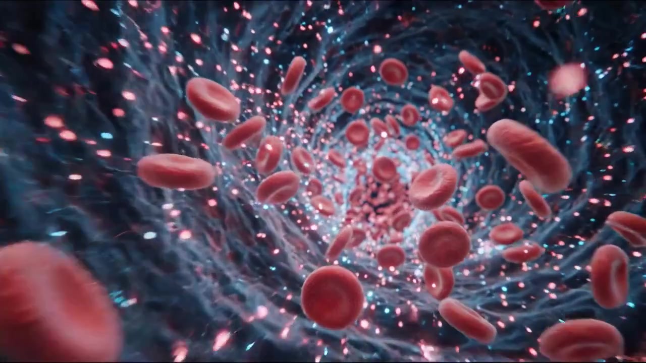 Red blood cells and particles flowing through a blue biological environment