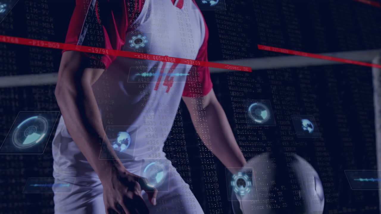 Playing soccer, athlete surrounded by animation and digital technology overlay