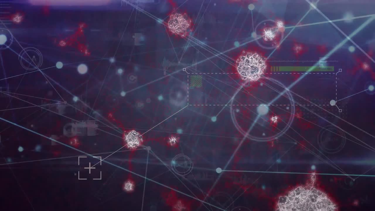 animación de la red de conexiones con manchas y células de covid 19 en fondo oscuro