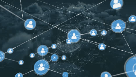 animation of network of connections with people icons over sky and clouds