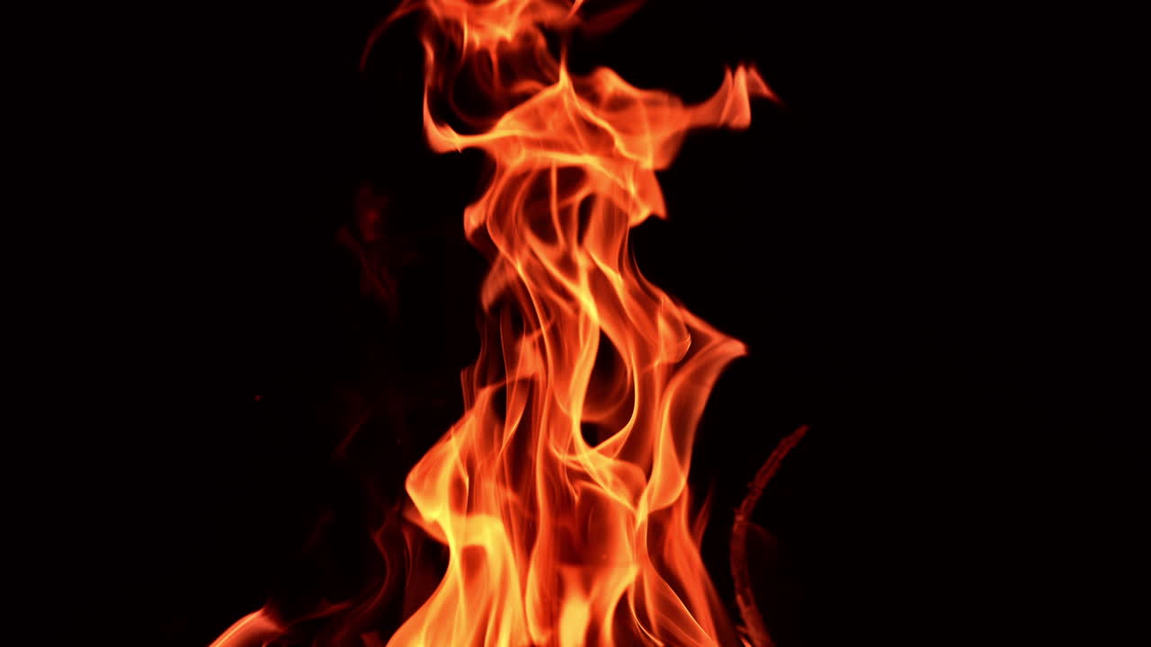 Blaze of burning campfire in the dark night. Cozy little bonfire with flames striving up. Close up.