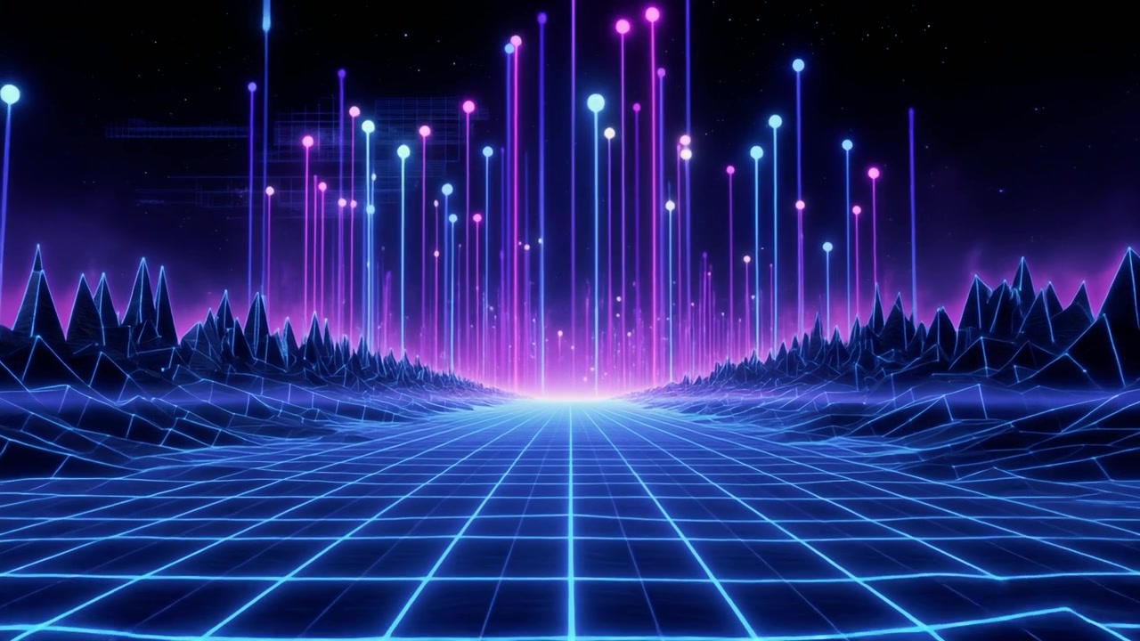 Paesaggio Retro Synthwave con fasci di dati al neon luminosi