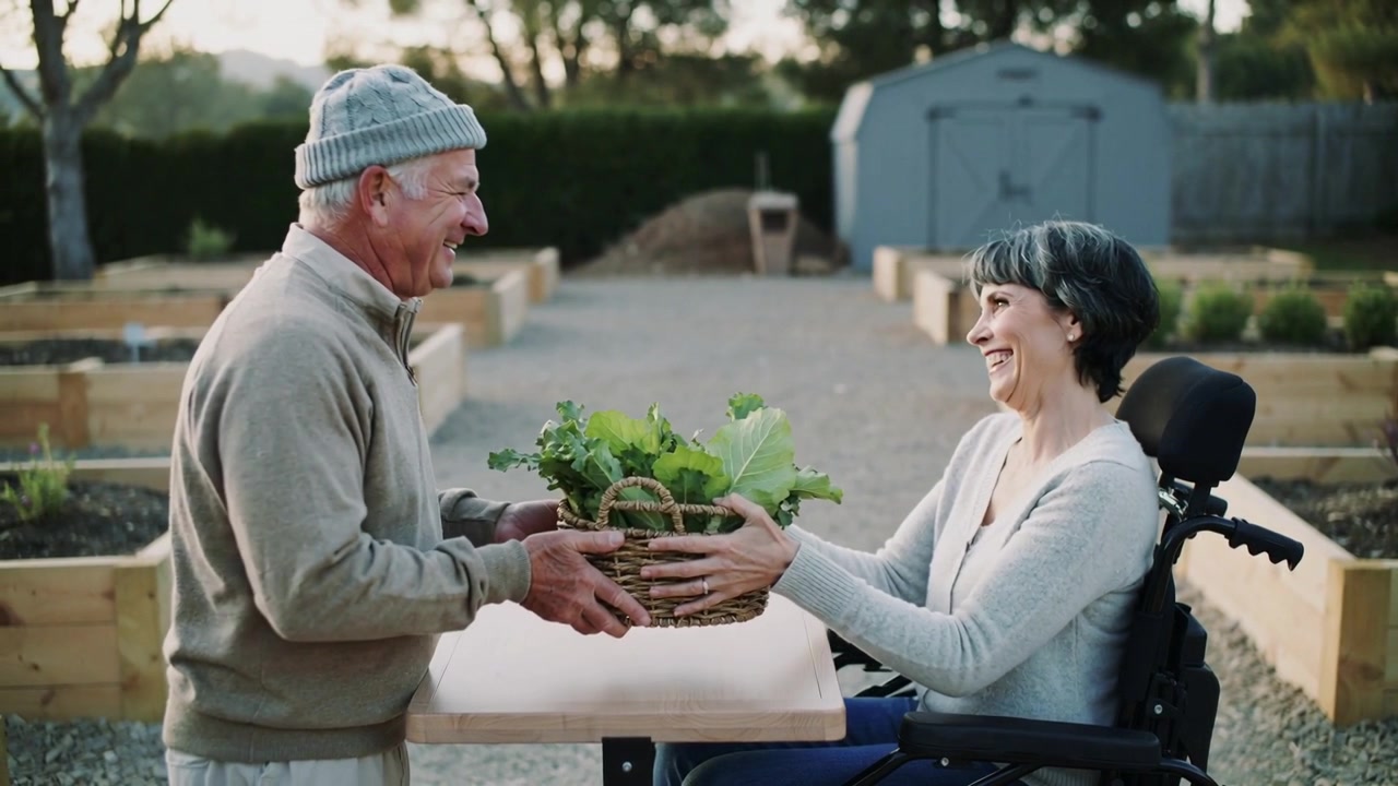 Approaching left carrying basket man sharing greens in garden with woman in wheelchair taking it