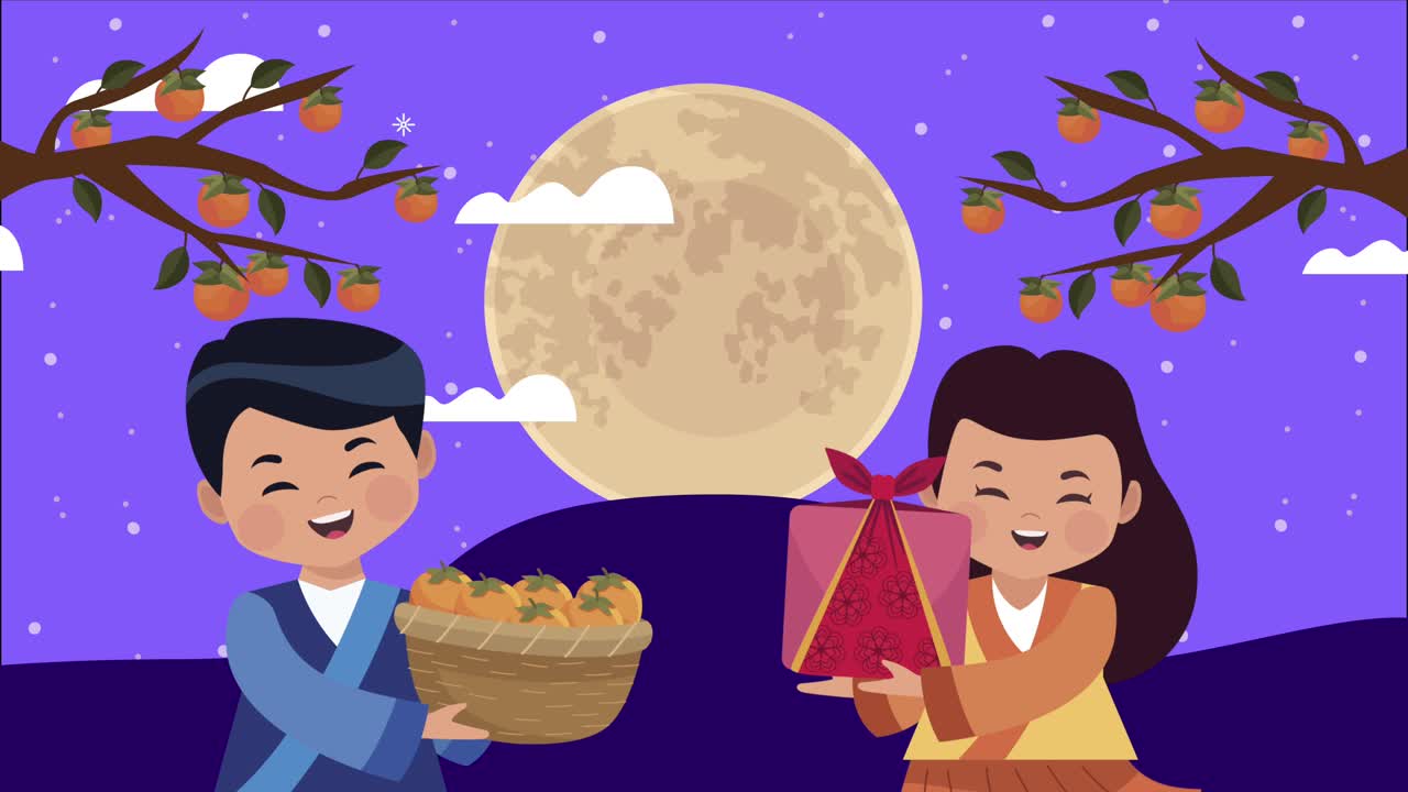 happy chuseok celebration animation with asian couple and fullmoon