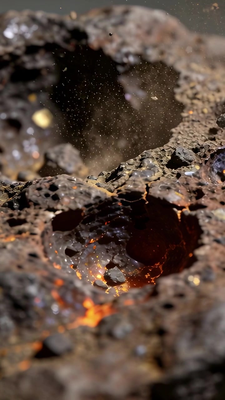 Vertical video: Revealing lava rock heating and emitting molten pocket glow in close-up with ash