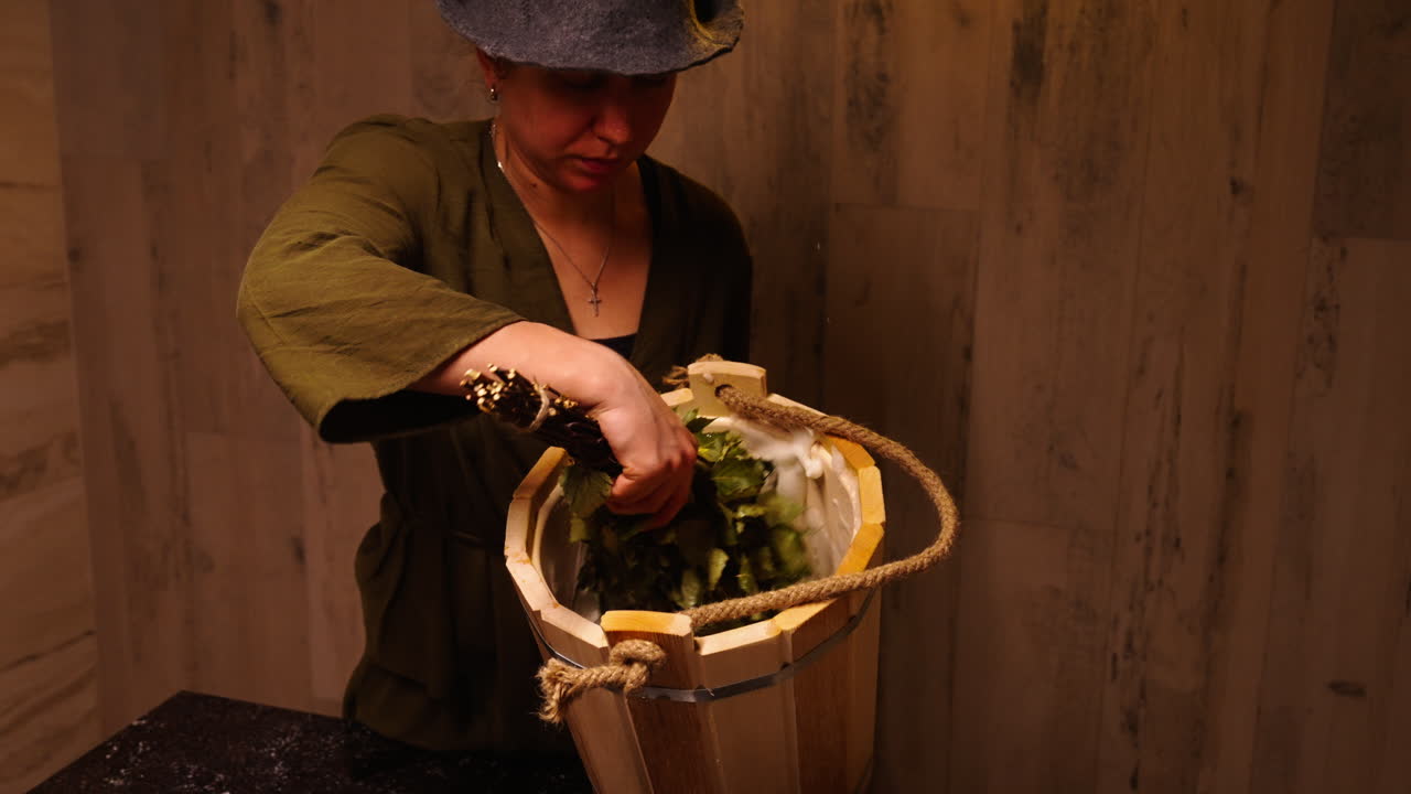 Woman Preparing a Russian Banya