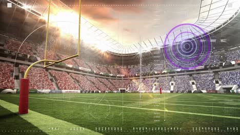 Animation-of-scanner-and-processing-data-over-american-football-pitch-with-sunset-over-stadium