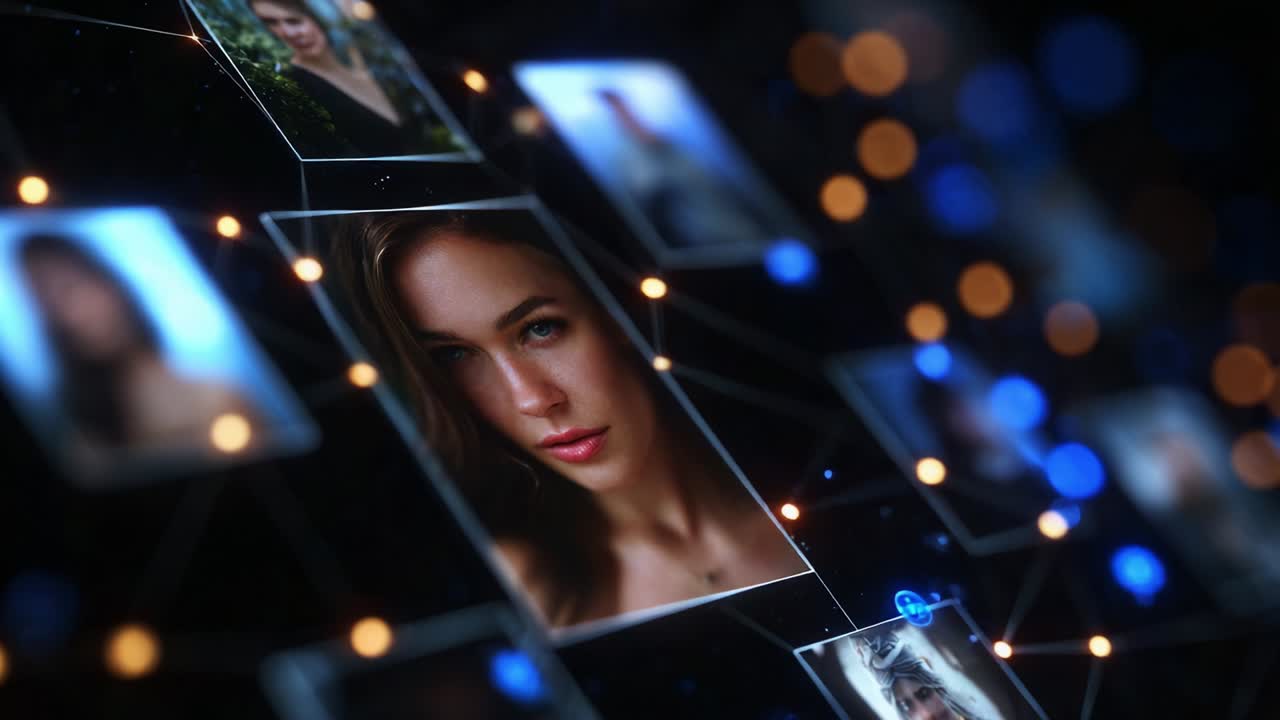 A Captivating Visual Journey Through Portraits: Faces Interconnected by Illuminated Nodes, Representing the Invisible Threads of Emotion, Connection, and Identity in a Digital World