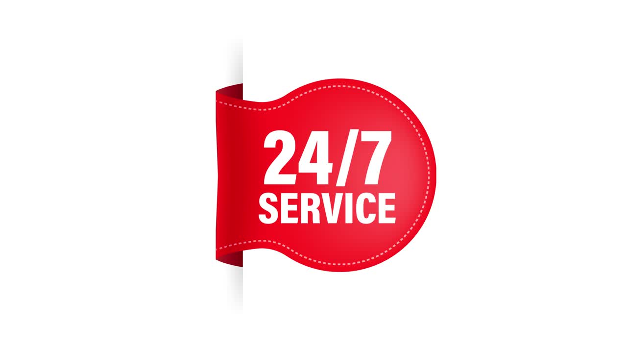 24 hours a day and 7 days a week icon, red ribbon isolated on white background. Motion graphics.