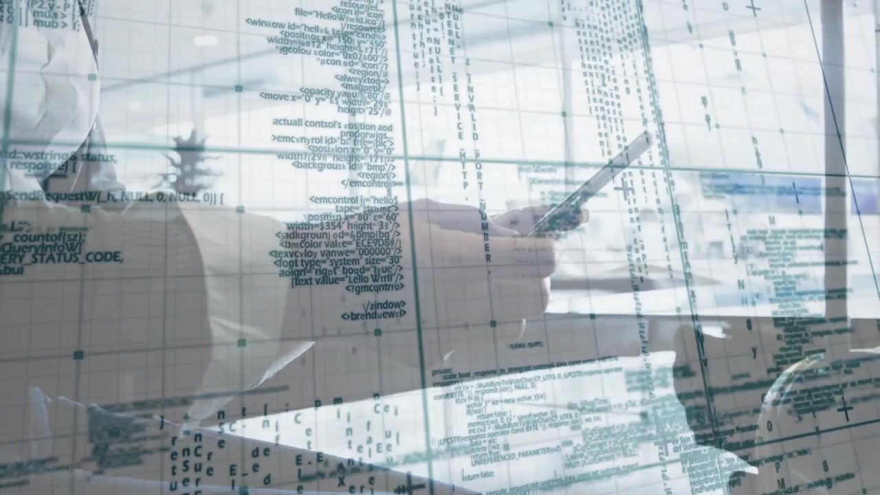 Picking up smartphone, office worker scrolling code overlay, tapping and reviewing data by window