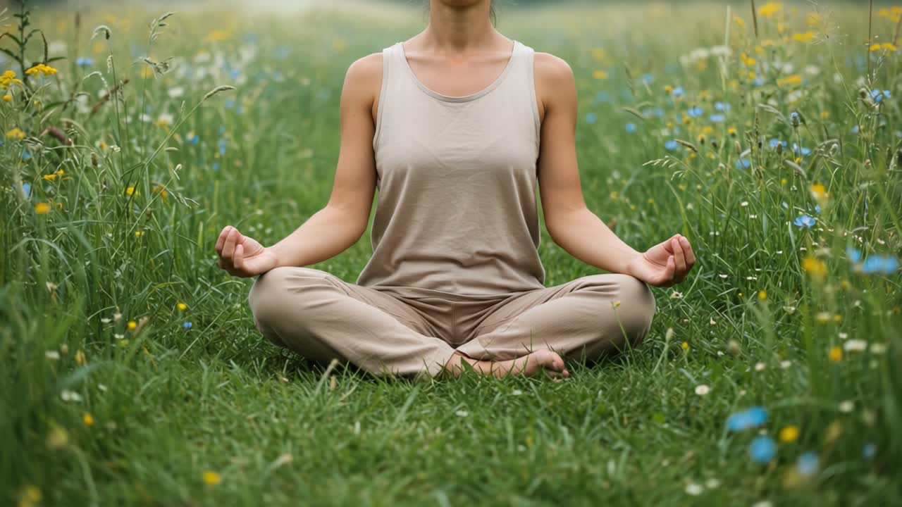 A Serene Moment of Meditation in Nature: Embracing Peace and Harmony Amidst Lush Greenery and Vibrant Wildflowers