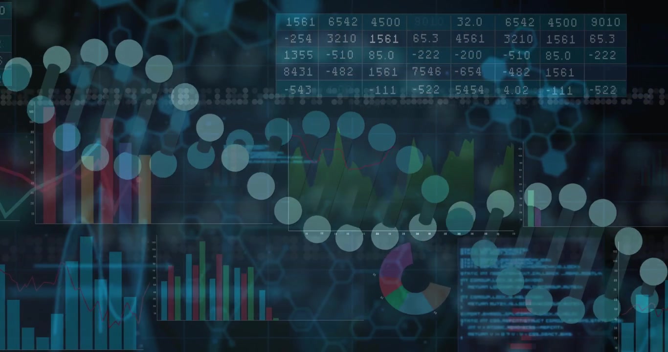 Layered dashboard receiving data animating bars pulsing grid dotted strand arcing showing trends