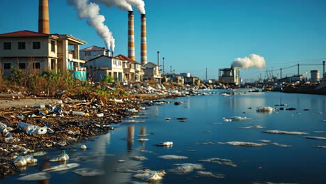 industrial landscape with pollution and waste along a riverbank