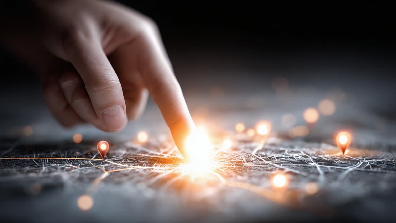 An Elegant Interaction with Technology: A Close-Up of a Finger Touching a Network Map Illuminated with Glowing Markers Indicating Connectivity and Pathways
