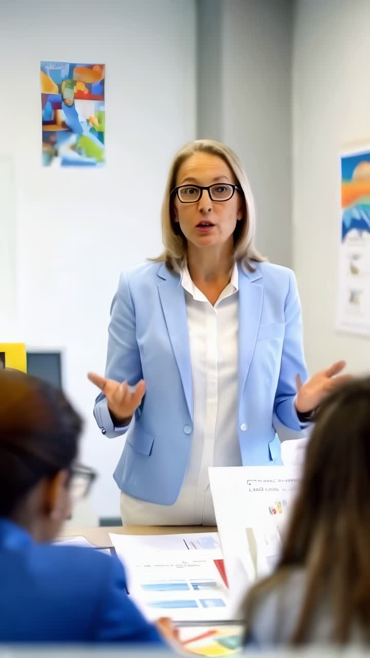 An adult businesswoman giving a presentation in the office