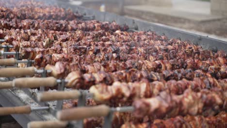 close-up delicious bbq pork and chicken rotating on a spit over hot coals