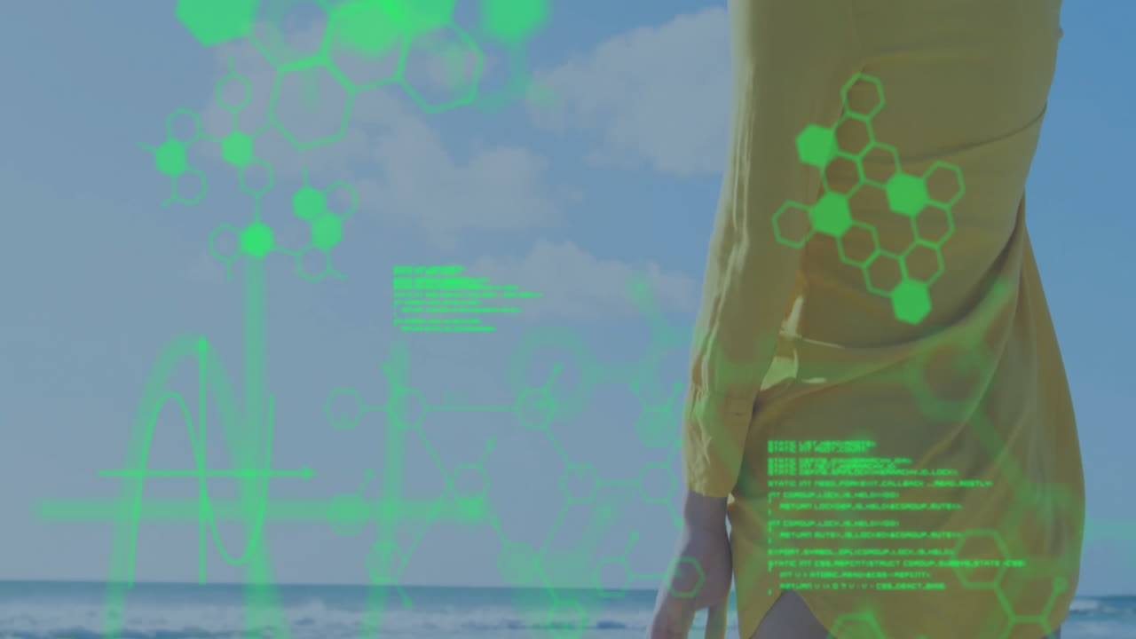 야외에 서 있는 사람 위에 초록색 육각형 패턴과 데이터 처리 애니메이션