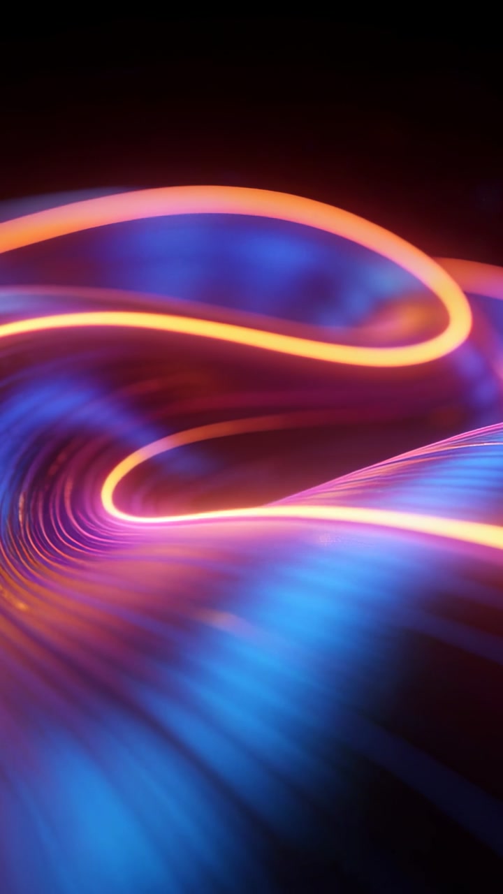 Vertical video: Camera moving, glowing ribbon unfolding over dark void, showing blue ridged surface