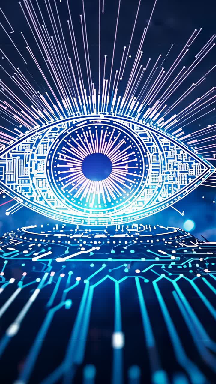 Vertical video: Circuit board powering up initiating holographic eye pulsing and lighting with rays