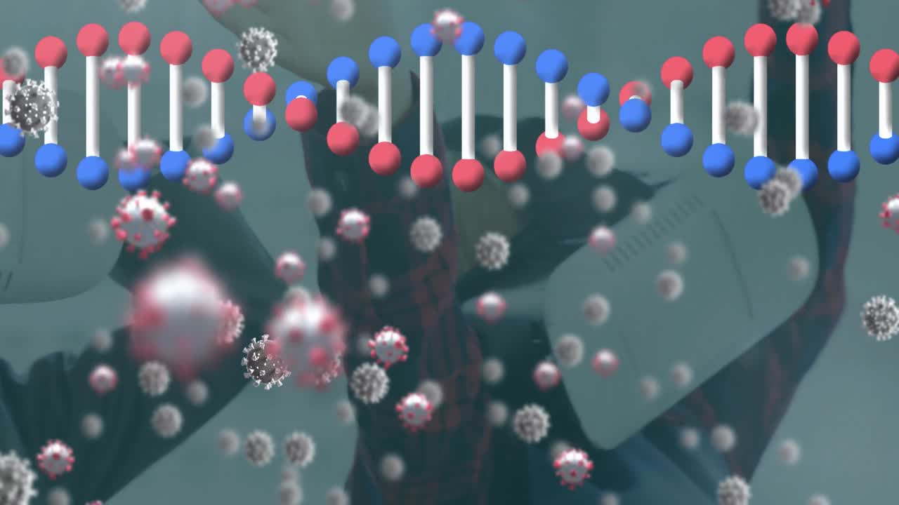 animación de células que caen y cadena de adn en personas que usan auriculares vr