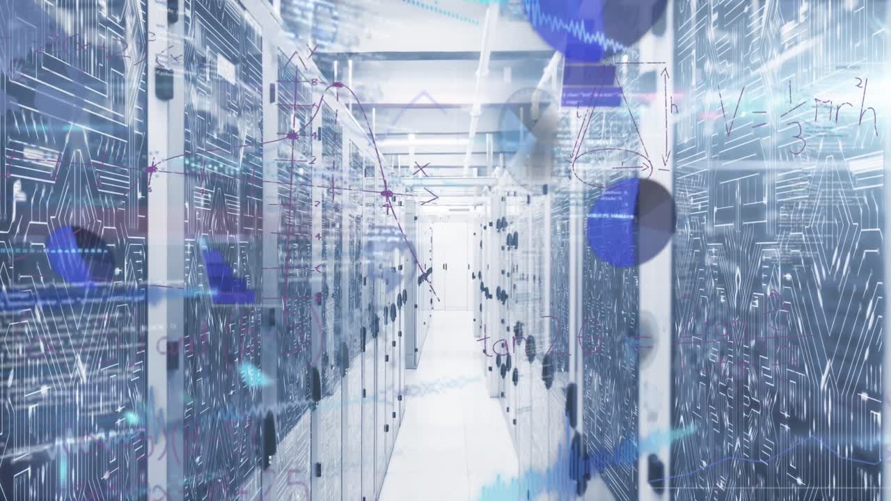 Animation of digital data processing over server room