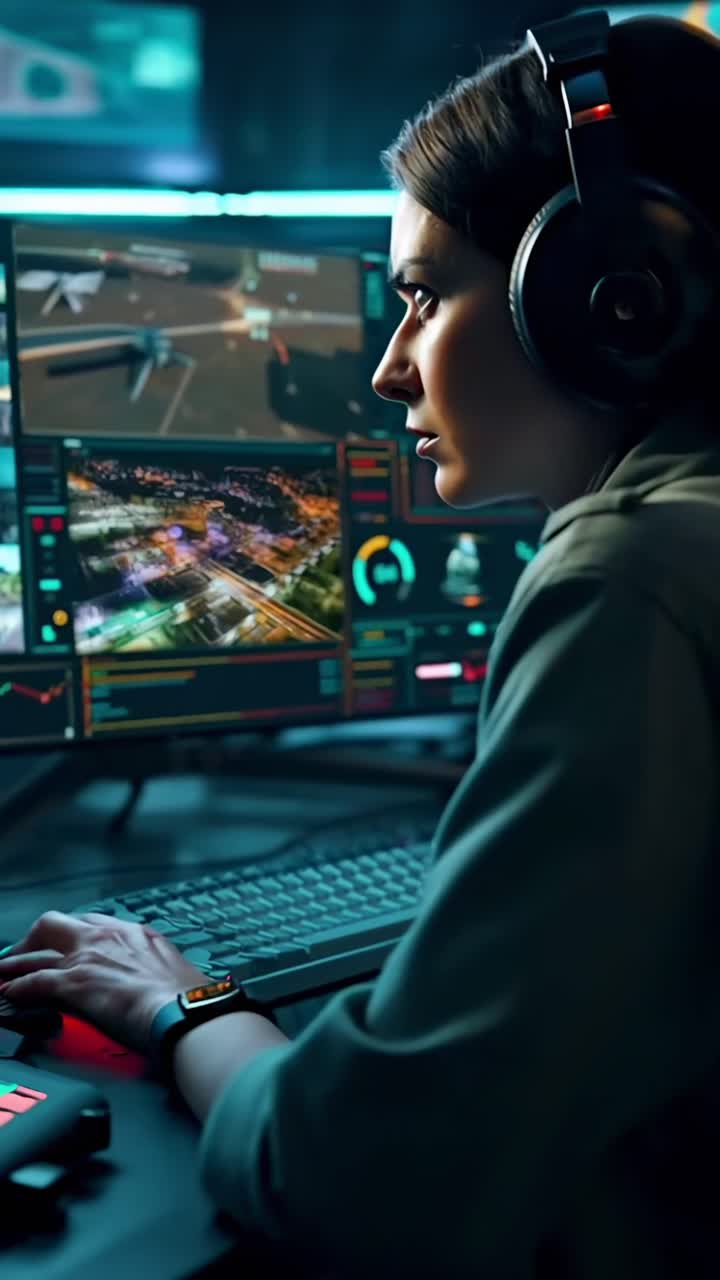 Side angle of a focused woman with headphones, analyzing video data on multiple screens
