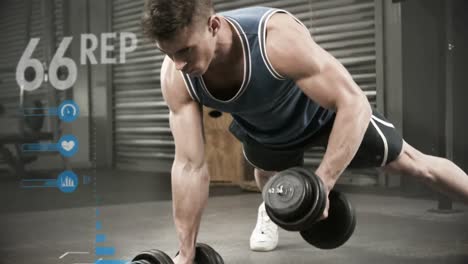 athlete performing push ups with dumbbell against the animated background