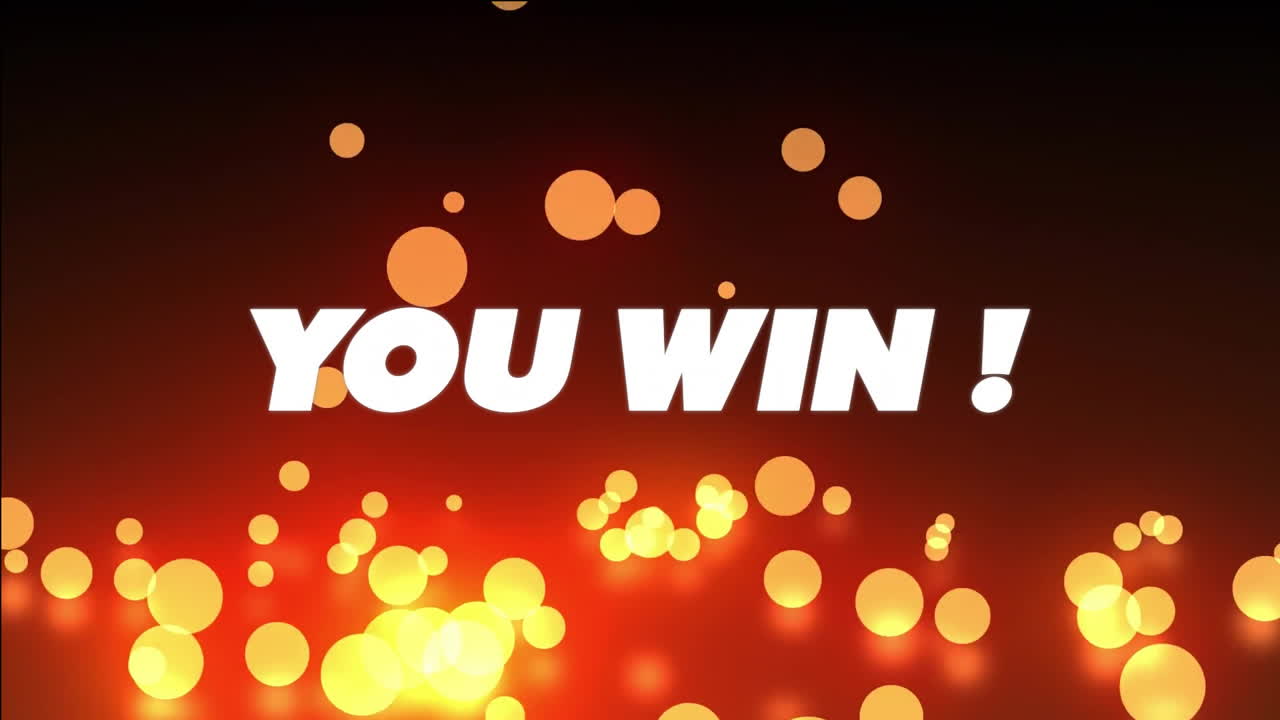 Animation of you win text over glowing lights on dark background