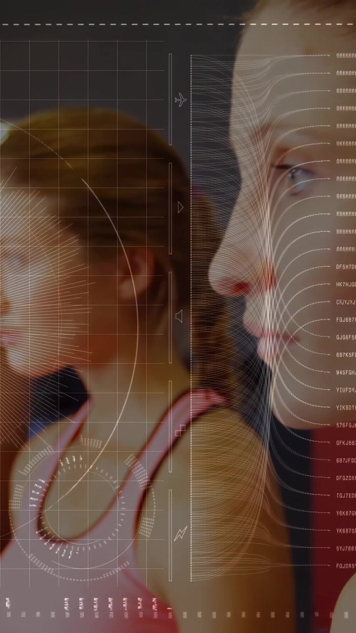 Woman in pink tank holding arms, camera panning right, HUD grid dial contours tracking fitness