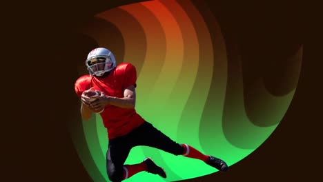 animation of caucasian male rugby player catching a ball against gradient pattern background