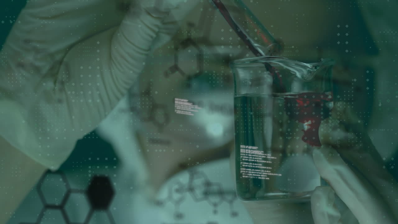 una animación digital del procesamiento de datos, con un científico vertiendo líquido en un vaso