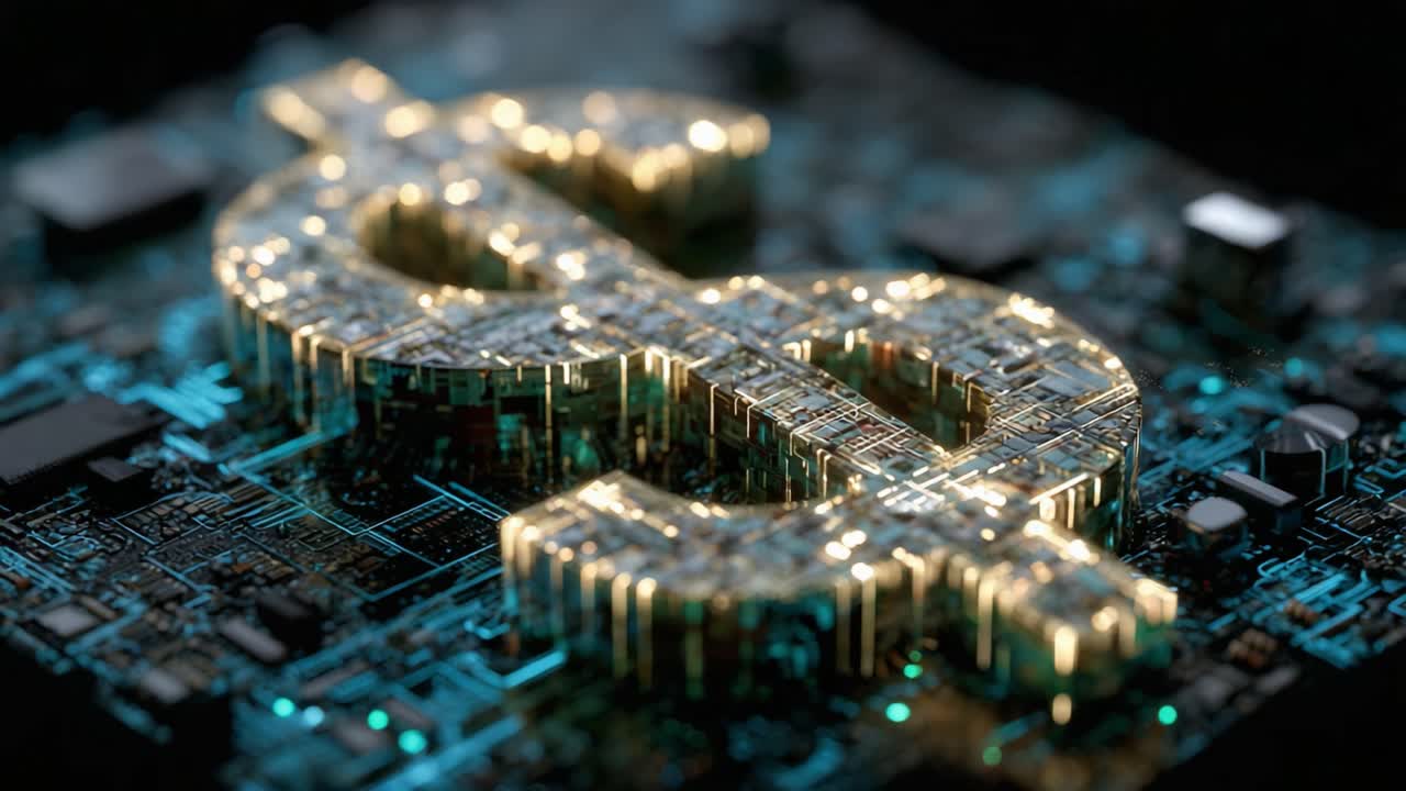 A Glowing Digital Dollar Sign Emerges from a Complex Circuit Board, Symbolizing the Intersection of Technology and Finance in a Virtual World