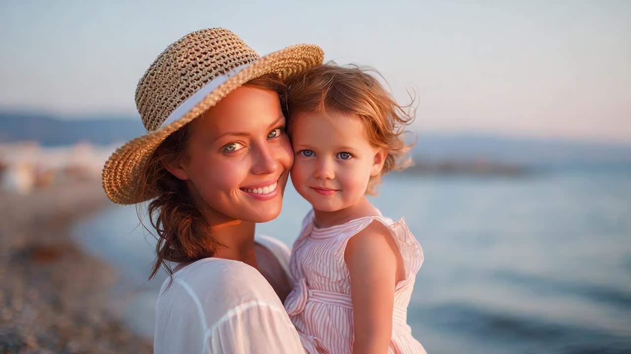 Mutter und Tochter genießen einen friedlichen Sonnenuntergang am Strand