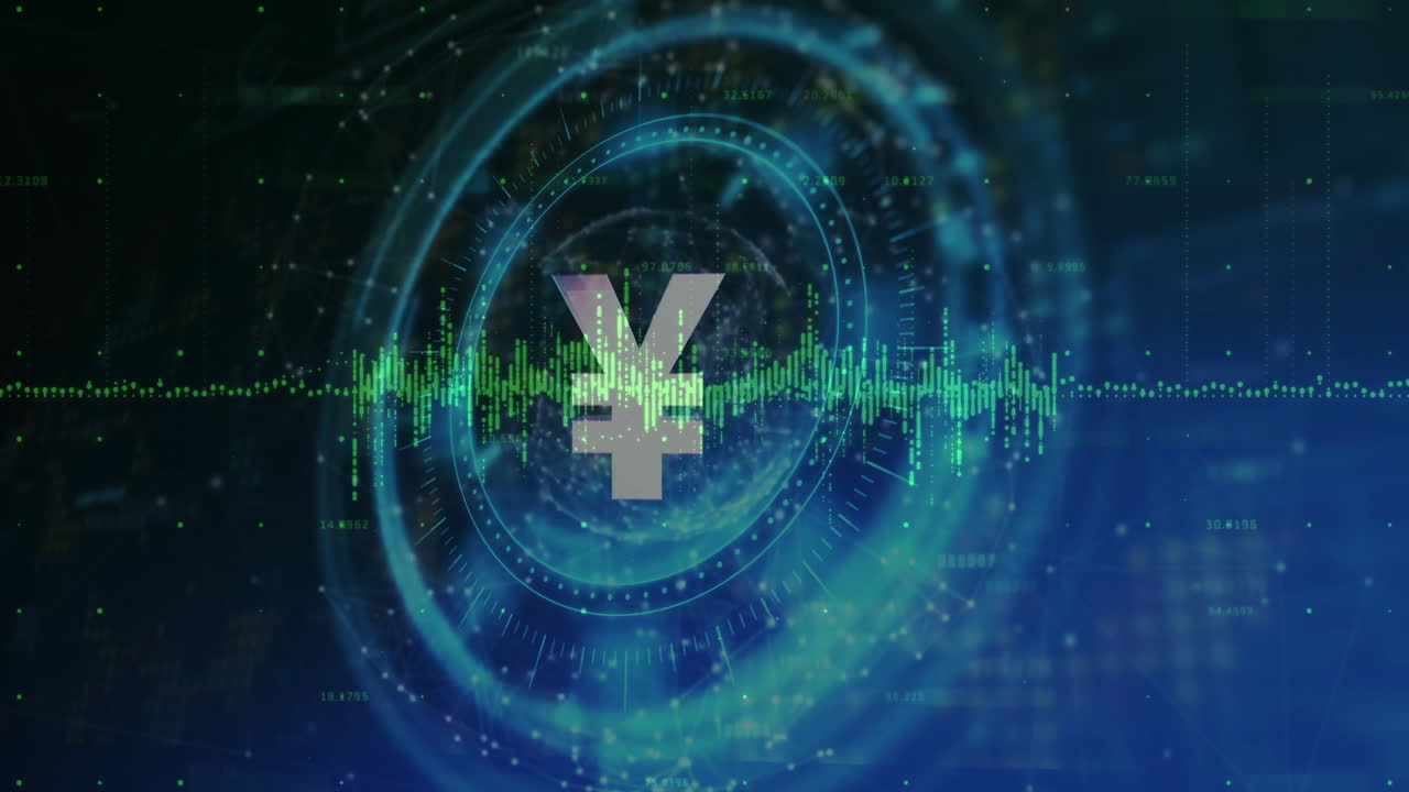 Gray yen symbol floating over green waveform surrounded by neon-blue rings and data points