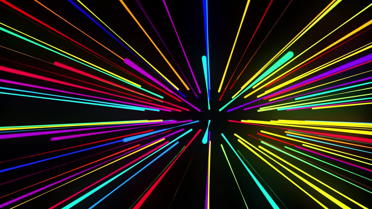 abstract 3d loop background with glowing particles lined up in a row in 3d space. Festive vj loop with multicolored particles and smooth animated camera. Motion design background.