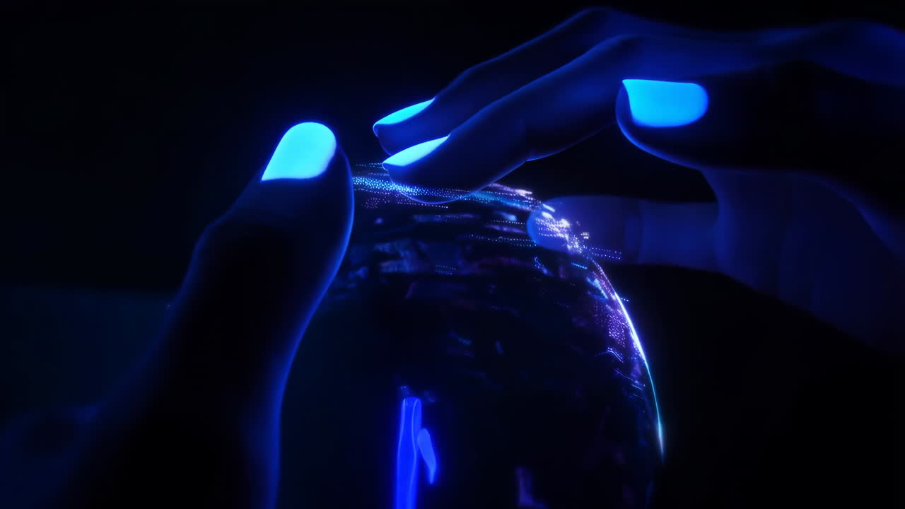 Hands with Glowing Nails Interacting with a Futuristic Orb