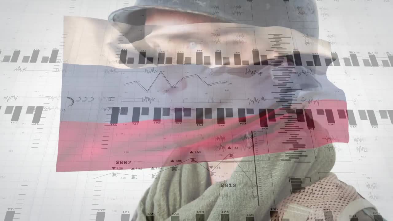 анимация обработки данных над флагом россии и кавказским солдатом