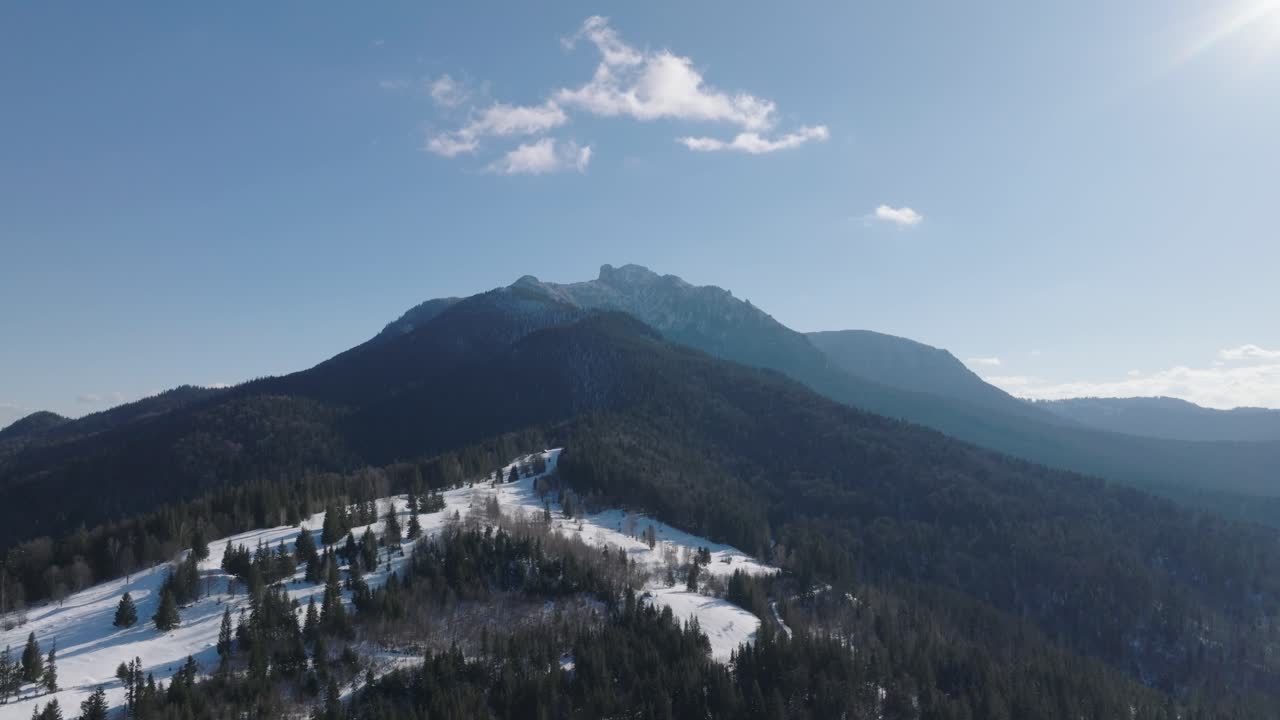 Snow-covered mountains under a blue sky with evergreen forests in a sunny winter day