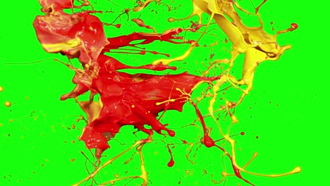 yellow and red splashing from both side slow motion isolated on green screen background 4k