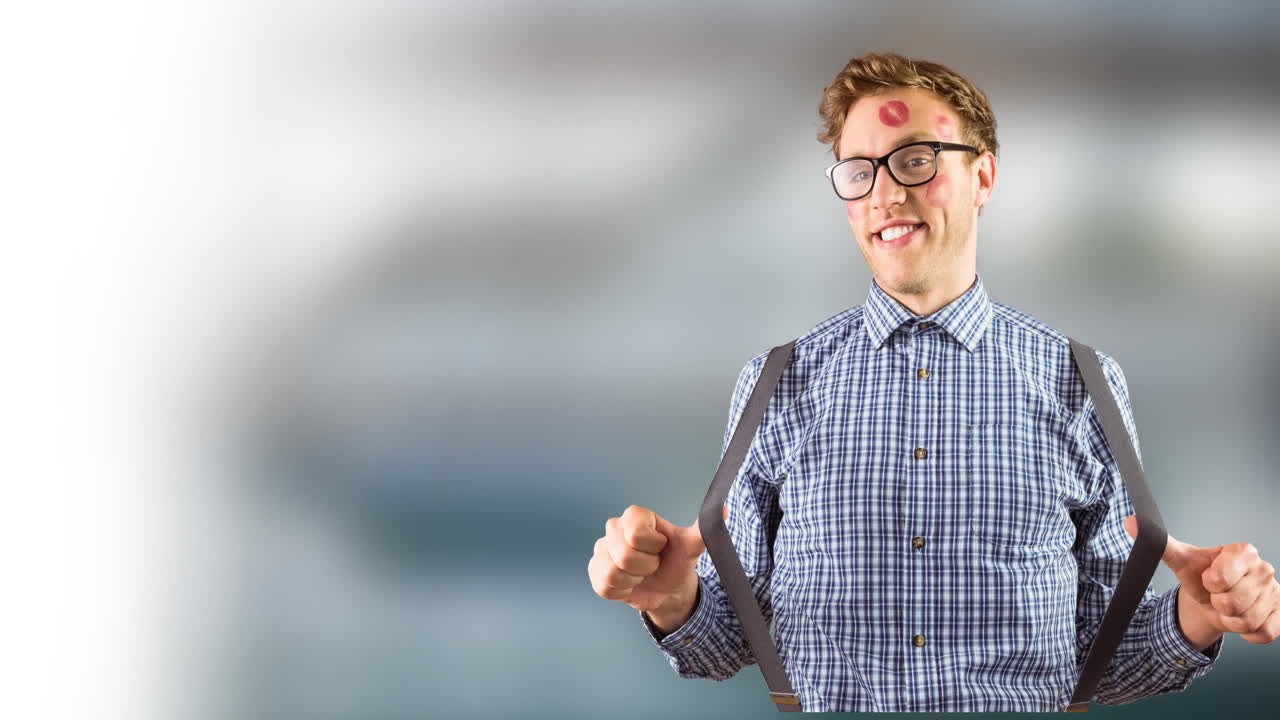 animación de un hombre caucásico feliz con labios de lápiz labial en su mano derecha