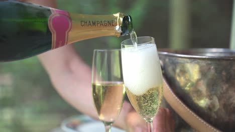 host pouring champagne fresh into a flute glass for arriving guests to celebrate their honeymoon