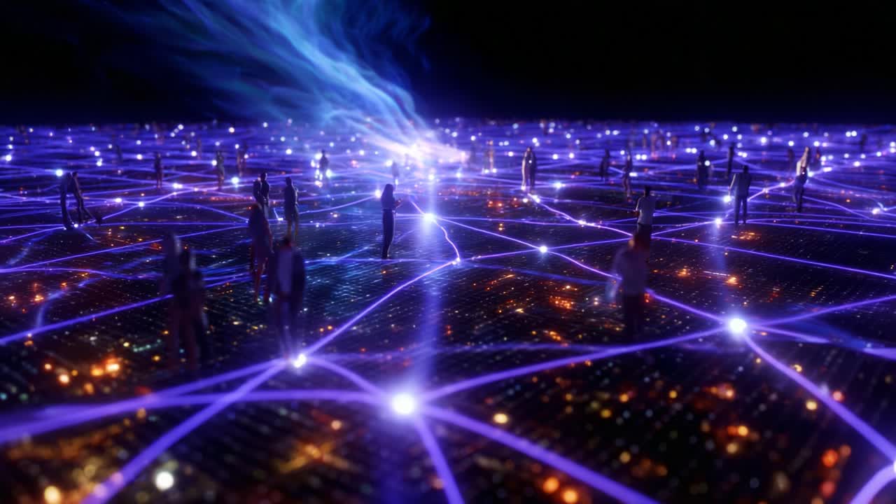 A Stunning Visualization of Digital Connectivity: Individuals Standing Amidst a Web of Interconnectedness, Symbolizing the Unseen Network of Knowledge, Communication, and Interaction in a Highly Technological World