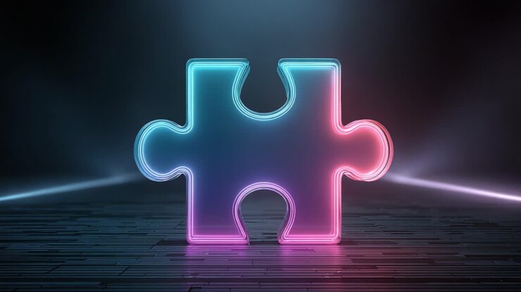 Tessera di puzzle illuminata su sfondo scuro: una rappresentazione creativa della risoluzione dei problemi e della connessione in uno stile futuristico