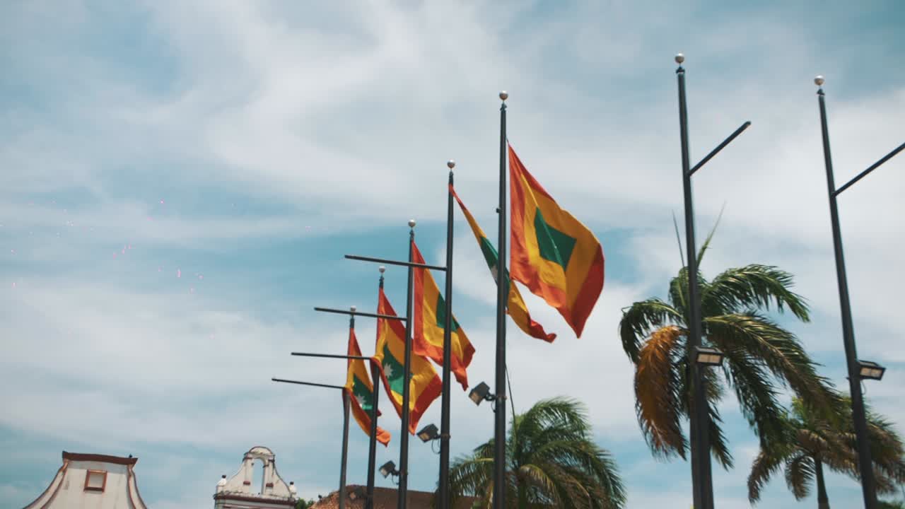 Cartagena Flags waving with the wind in slow-motion, Colombia