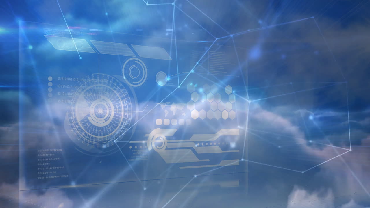 Animation of digital interface with futuristic graphics in sky above clouds