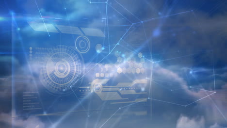 animation of digital interface with futuristic graphics in sky above clouds