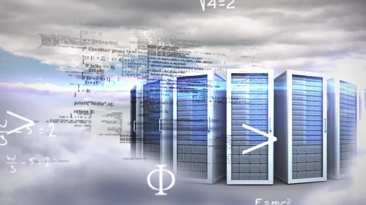 Mathematical equations and data processing against server boxes in the clouds