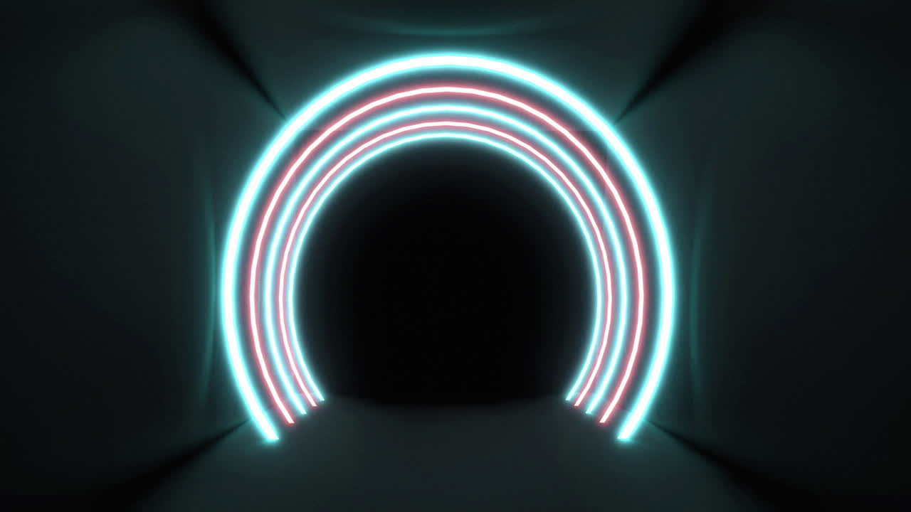 arcos de luz de neón concétricos azules y rosados pulsando sobre un fondo negro