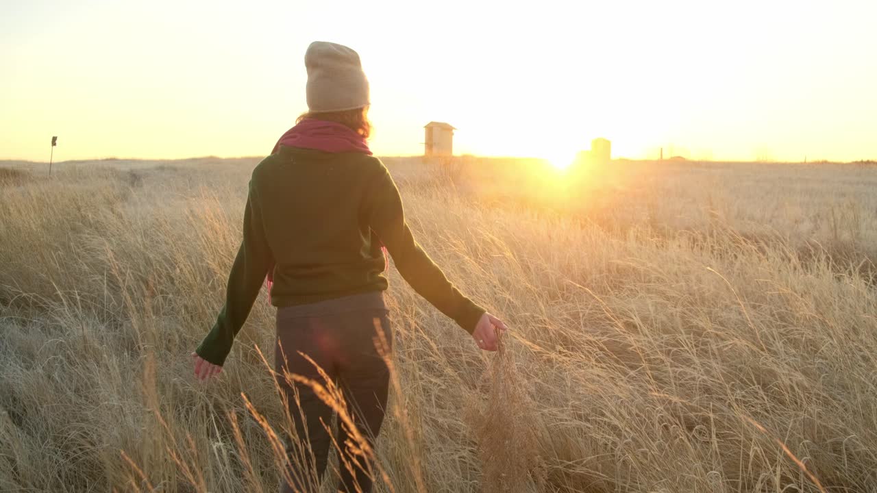 Woman walking through a field at sunset