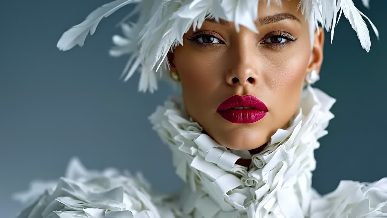 A woman wearing a white feathered headdress and red lipstick